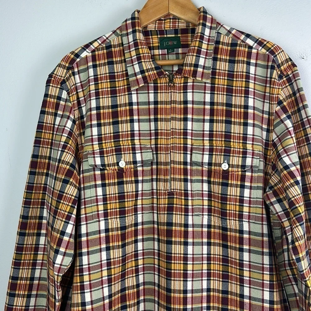 J. Crew Half Zip Pullon Shirt Jacket Large Yarn Dyed Cotton Canvas Plaid Pockets